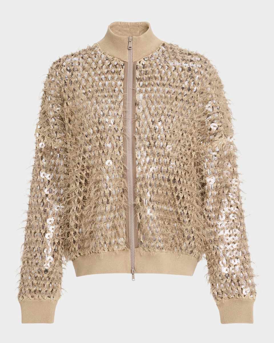 Mosaic Sequin Embroidered Net Knit Zip Jacket